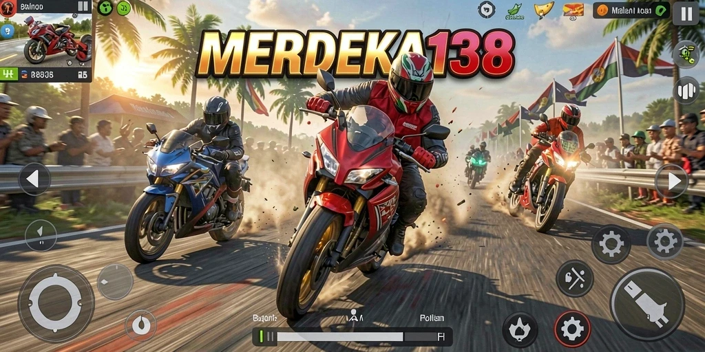 Tampilan gameplay seru balapan motor MERDEKA138.