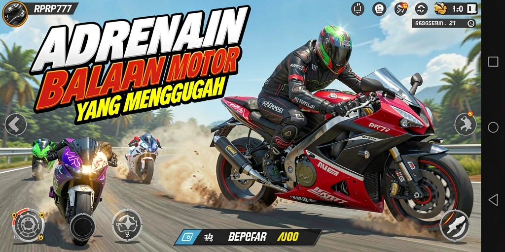Screenshot gameplay RPRP777 yang menunjukkan aksi balapan motor yang mendebarkan.