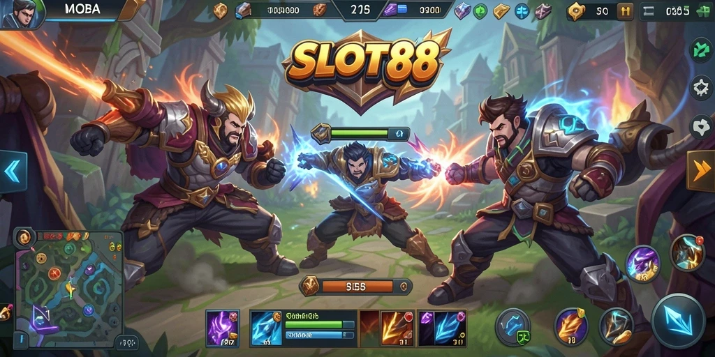 Tampilan gameplay seru dalam pertempuran MOBA di SLOT88.