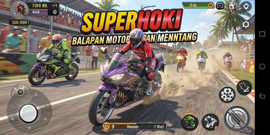 Screenshot gameplay <strong>SUPERHOKI</strong> menampilkan aksi balapan motor yang mendebarkan.