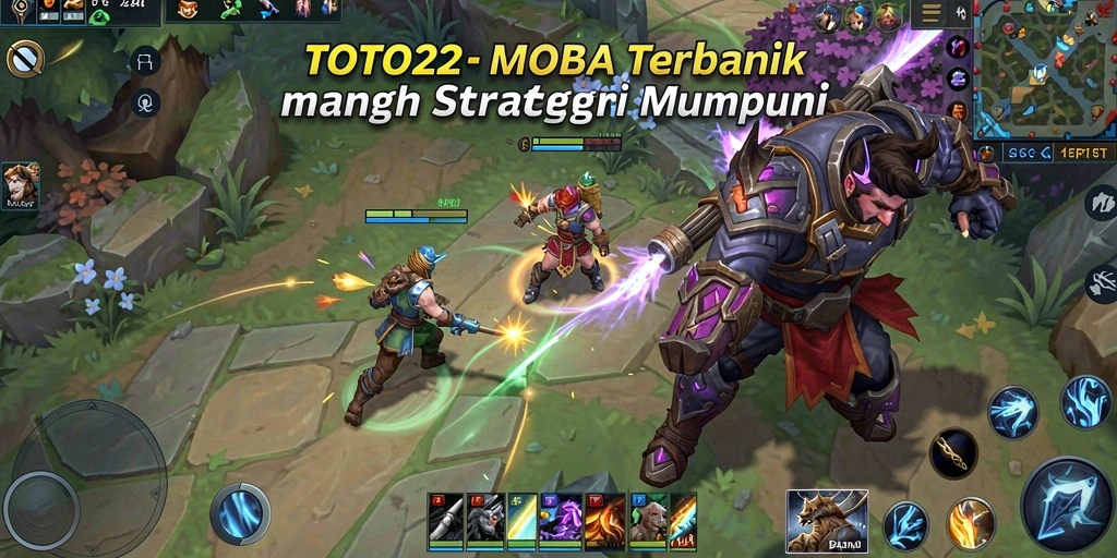 Screenshot TOTO22 menampilkan aksi intens dalam pertempuran tim di arena MOBA.